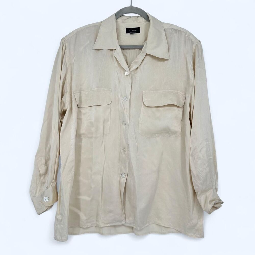 🩷 Vintage 90’s Silk House Cream 100% Silk Utility Button Up Blouse Size M